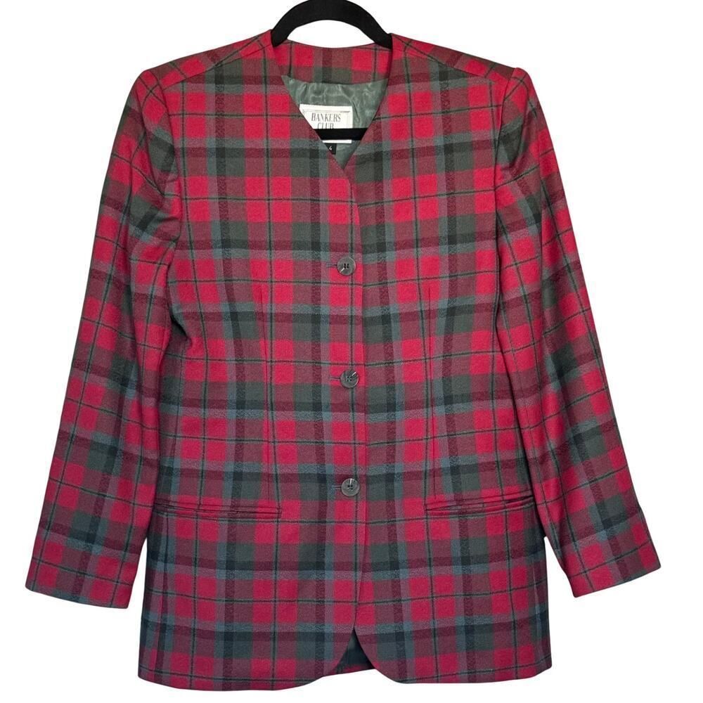 Bankers Club Blazer Womens Size 4 Petites Red Gray Plaid Checks Long Sleeves
